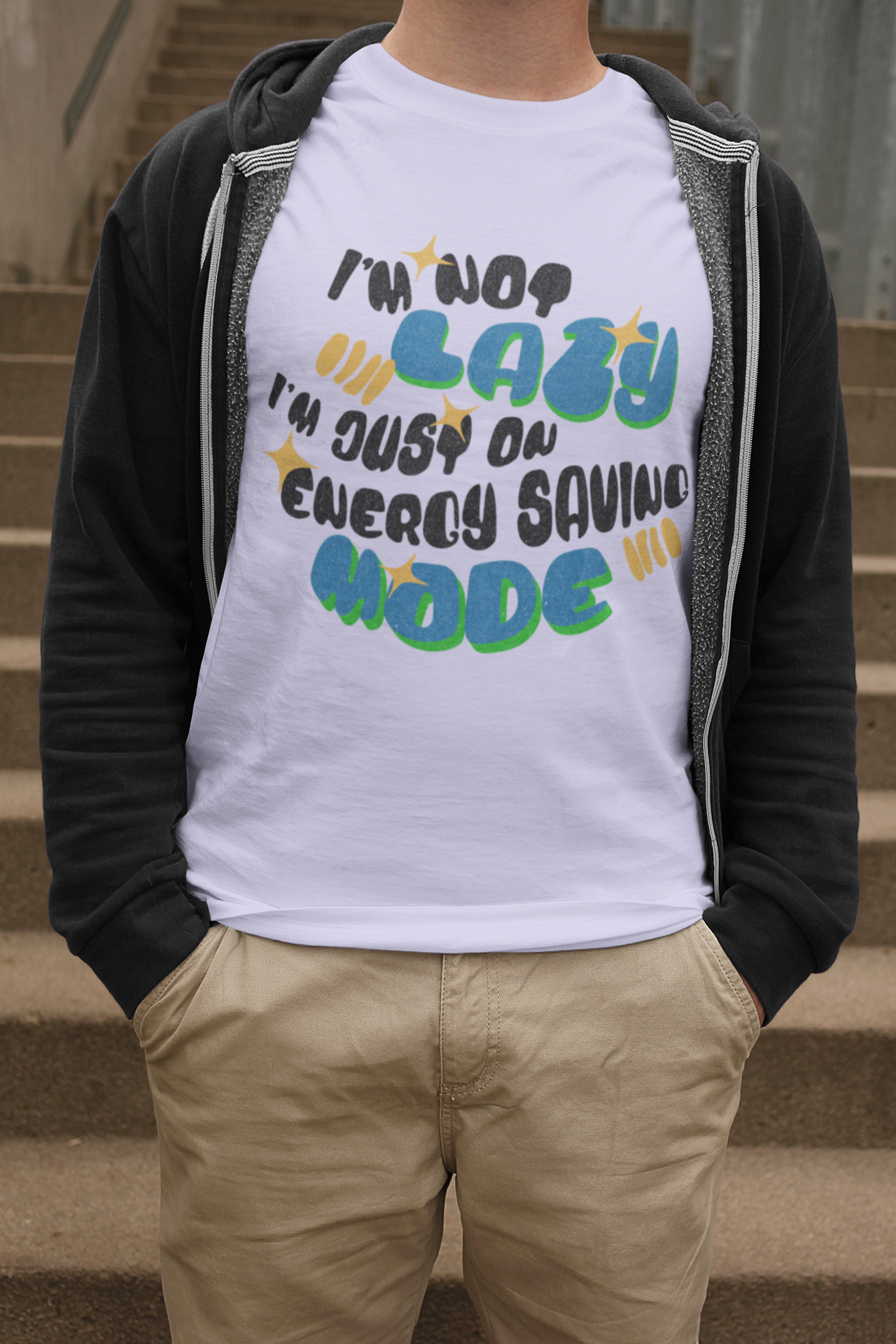 Funny Men's T-Shirt – "I'm Not Lazy, Just on Energy Saving Mode" Graphic Tee