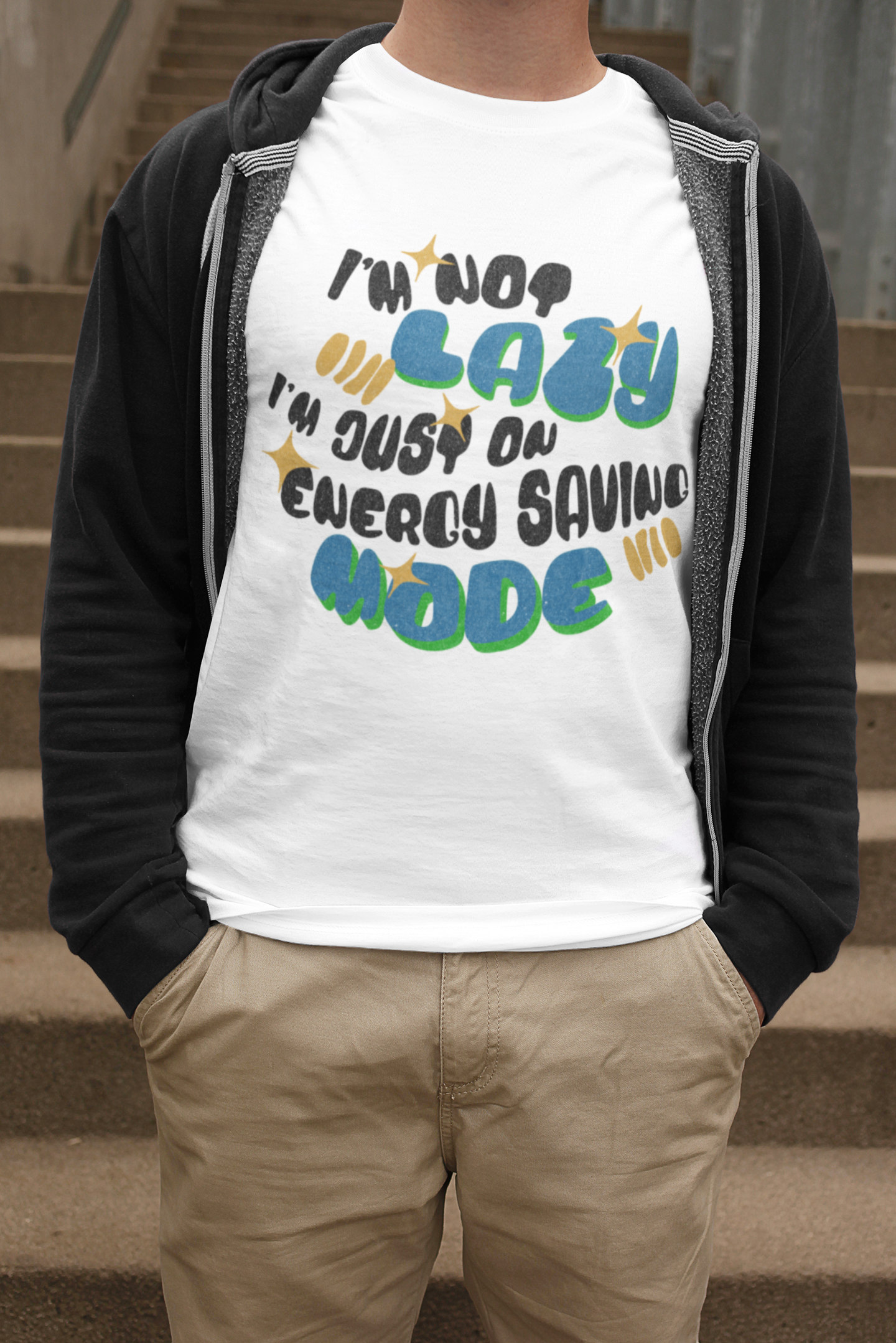 Funny Men's T-Shirt – "I'm Not Lazy, Just on Energy Saving Mode" Graphic Tee